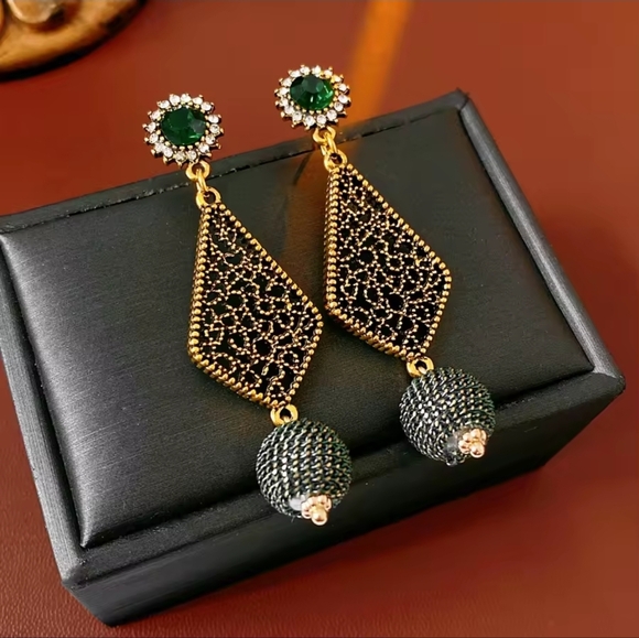 Gold and Green Geometric Earrings - Picture 8 of 8